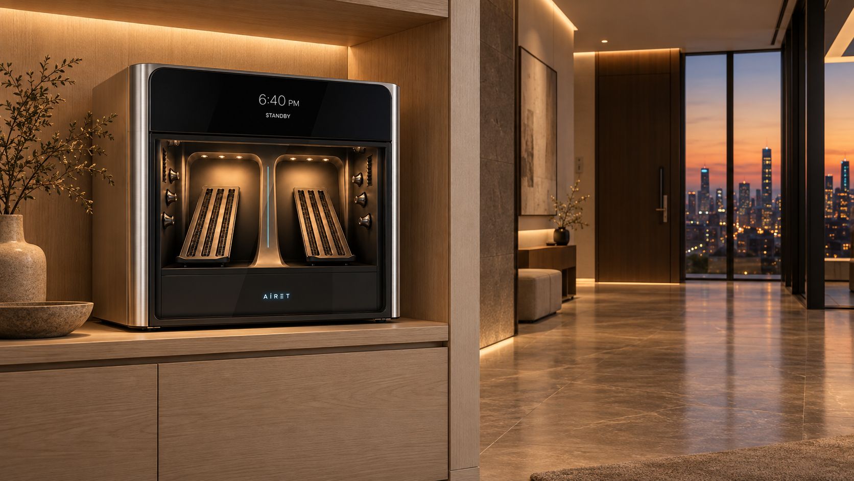 AiRET AX1 in the entrance hall of a new apartment at dusk