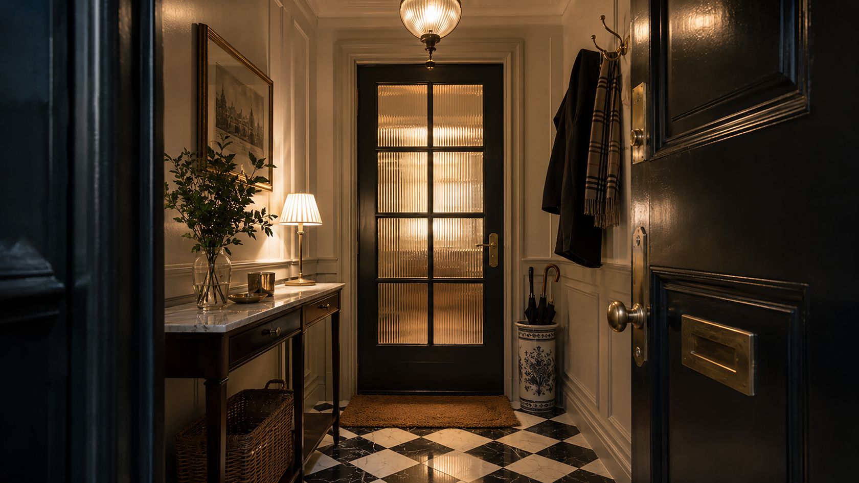 A warmly lit entry hall at night