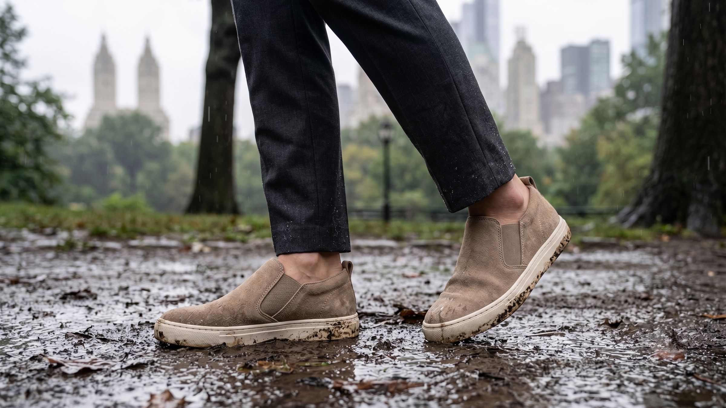 Walking through a park on a wet autumn day