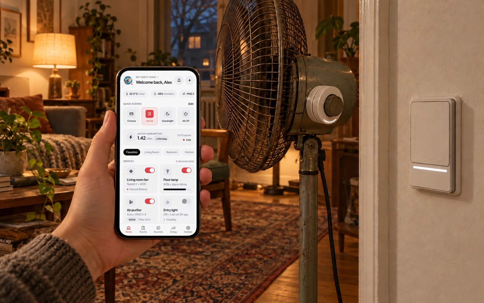 A vintage fan with a Cusp Ring on its knob, controlled from a phone