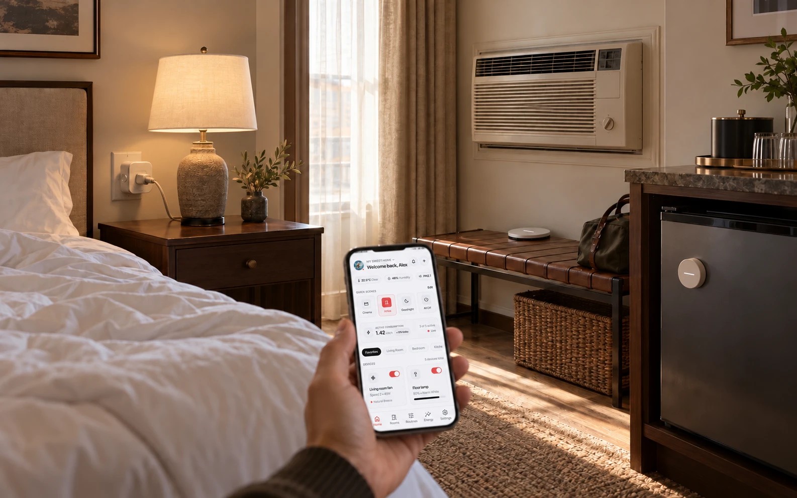 A hotel room after checkout, its equipment confirmed off from a phone