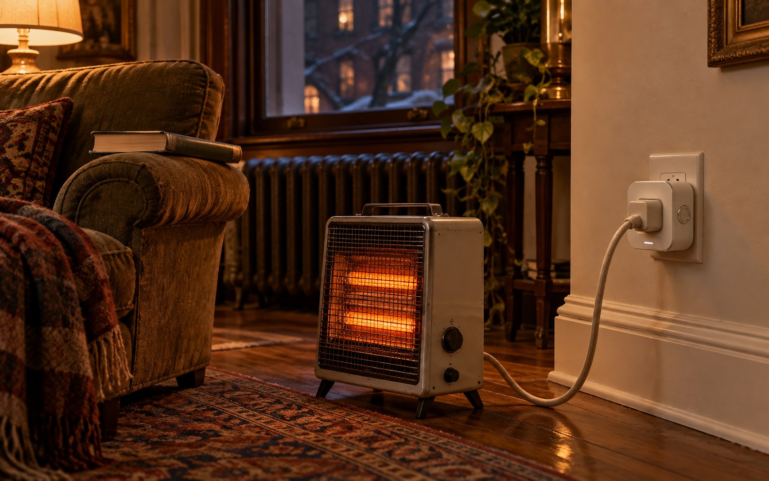 A space heater plugged through a Cusp Sense Plug in an old living room