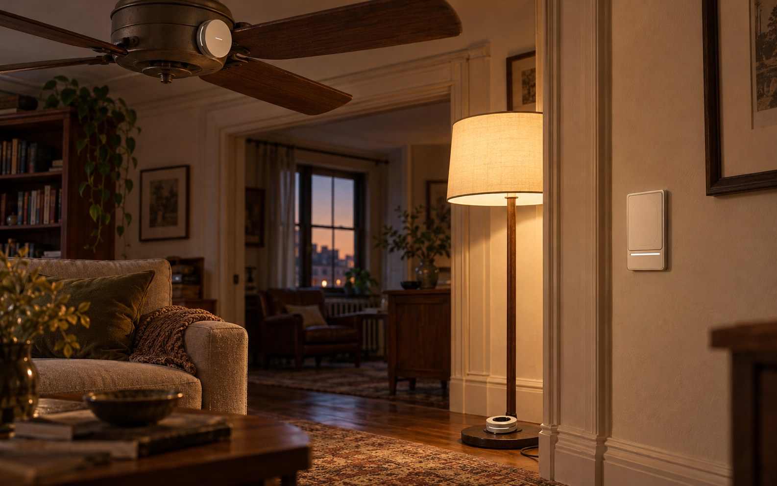 An old living room in the evening, a Cusp Ring on the floor lamp switch and a Tap on the wall switch