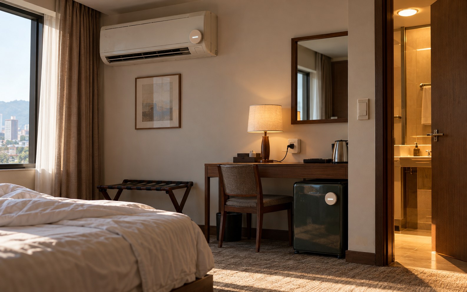 An empty hotel room with the air conditioner and bathroom light still on
