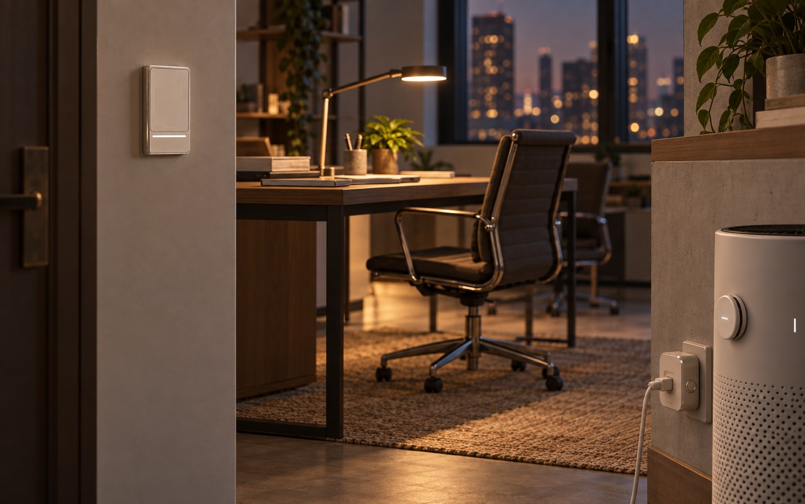 An office at the end of the day — a Cusp Tap over the wall switch, a Sense Plug feeding the air purifier
