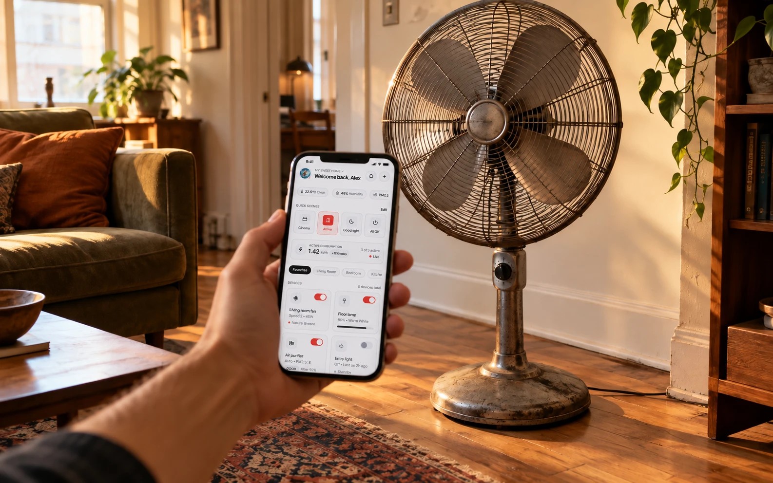 A phone held up to an old floor fan, the Cusp app ready to recognise its knob