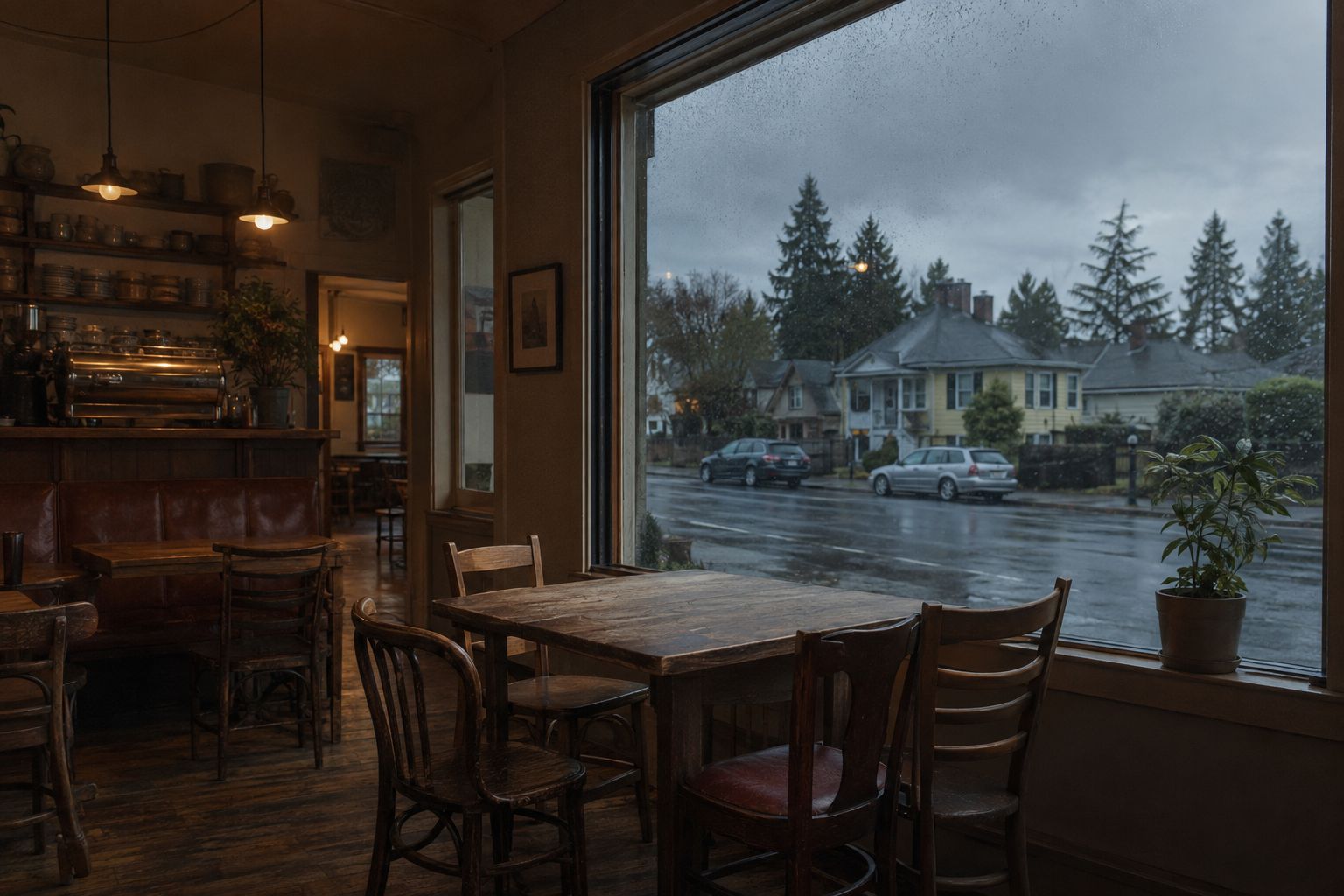 A neighborhood cafe on a rainy day