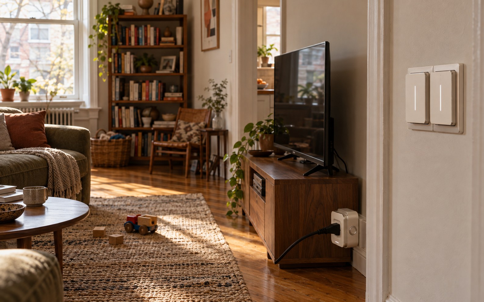An occupied flat upgraded without construction — two Cusp Taps on the switch bank, a Sense Plug behind the TV