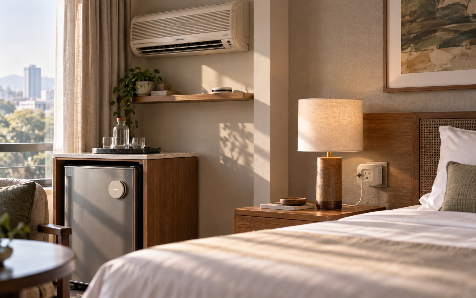 A hotel room where equipment of different makes each carries its own Cusp module