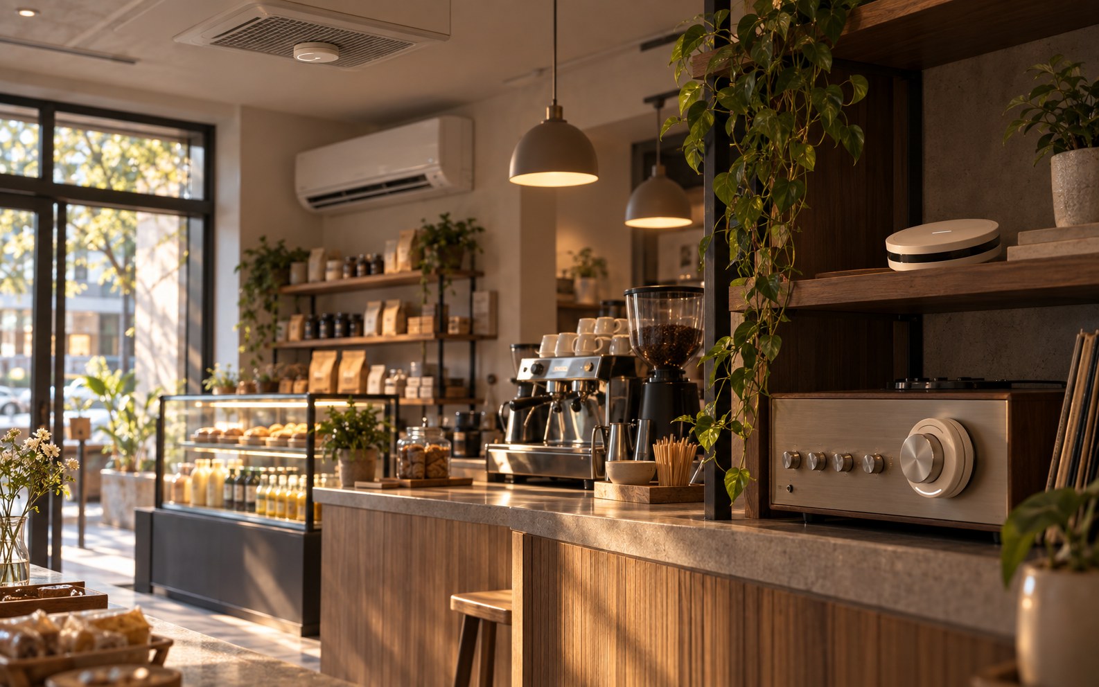 A shop at opening time — a Cusp Ring on the amplifier knob, a Cusp IR on the shelf, a Sense Dot on the fan