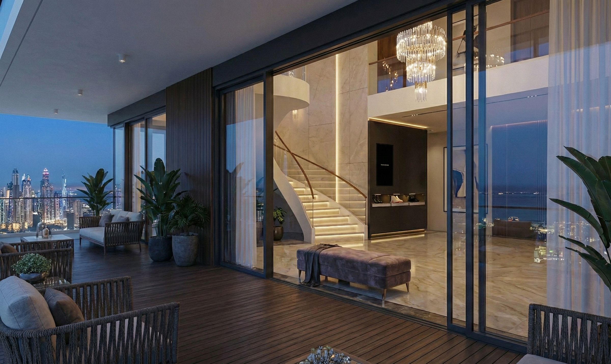 A penthouse entrance at night